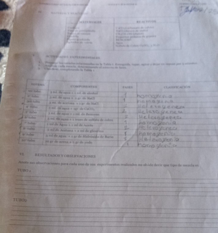 a fant e   t to                
  
s intigó de g ao
“ “  “
d Cat Cu       
A 6 5 (    0    
Prepioo la muales aelanianades es la Tables, Easequife, cspar, agtar y dejar en reposó por 5 minotos
Angleã cada aucacta, ditneminande af ames de Sues
1  es dver conloransto de Tédite s
VL          RESULTADOS Y OBSERVACIONES
Anote sus observaciones para cada uno de sus experimentos realizados no olvide decir que tipo de mezcla es
TUBO 1
_
_
_
_
_
TUBO2
_
_
_
_
_