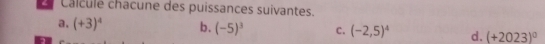 calcule chacune des puissances suivantes. 
a. (+3)^4 b. (-5)^3 C. (-2,5)^4 d. (+2023)^0