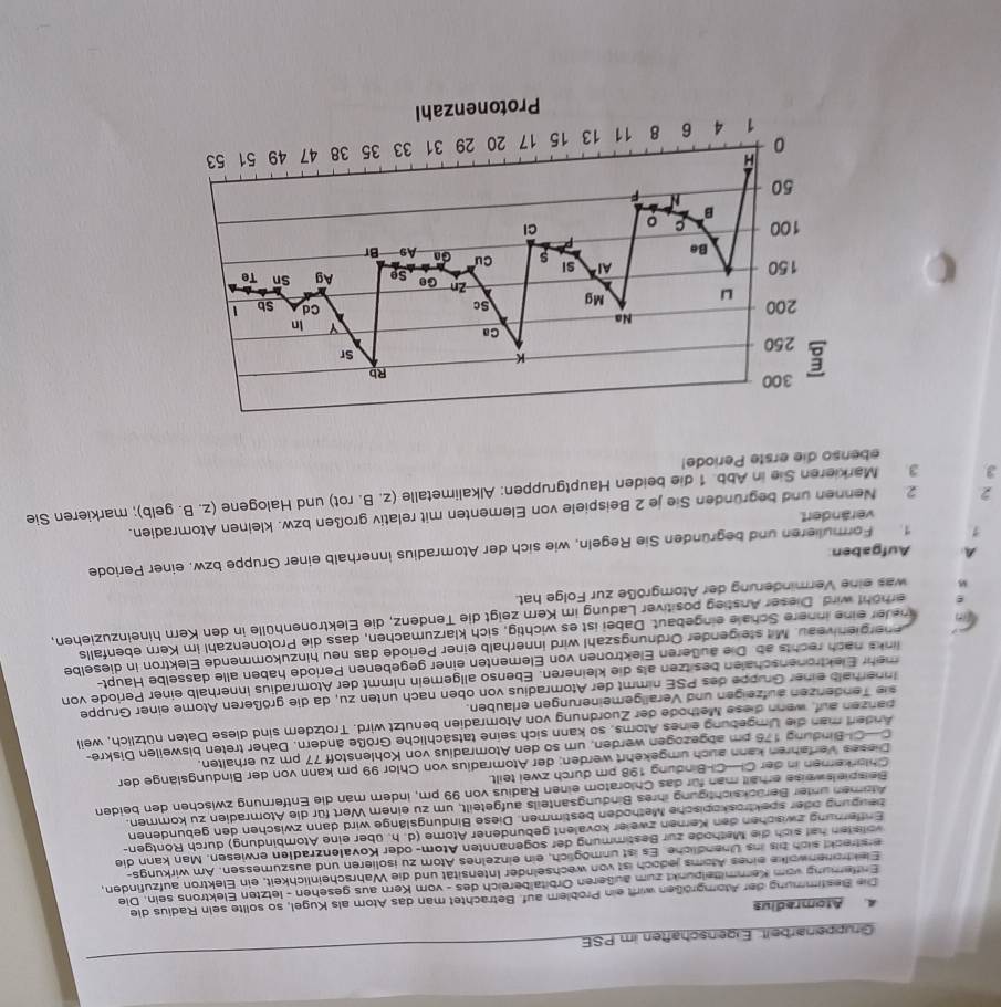 Gruppenarbeit Eigenschaften im PSE
4 Atomradius
Die Besitimmung der Atomgrößen wirft ein Problem auf. Betrachtet man das Atom als Kugel, so sollte sein Radius die
Enffernung vom Kermittelpunkt zum außeren Orbitalbereich des - vom Kern aus gesehen - letzten Elektrons sein. Die
Elektronenwolke eines Atoms jedoch ist von wechseinder Intensität und die Wahrscheinlichkeit, ein Elektron aufzufinden,
erstreckt sich bis ins Unendliche. Es ist unmöglich, ein einzelnes Atom zu isolieren und auszumessen. Am wirkungs-
volleten hat sich die Methode zur Bestimmung der sogenannten Atom- oder Kovalenzradlen erwiesen. Man kann die
Enflernung zwischen den Kernen zweier kovalent gebundener Atome (d. h. über eine Atombindung) durch Röntgen-
beupung oder spektroskopische Methoden bestimmen. Diese Bindungslänge wird dann zwischen den gebundenen
Atomen unter Berücksichtigung ihres Bindungsanteils aufgeteilt, um zu einem Wert für die Atomradien zu kommen.
Beispielsweise erhält man für das Chloratom einen Radius von 99 pm, indem man die Entfernung zwischen den beiden
Chlarkernen in der Cl—CH-Bindung 198 pm durch zwei teilt.
Dieses Verfahren kann auch umgekehrt werden; der Atomradius von Chlor 99 pm kann von der Bindungslänge der
C—CH-Bindung 176 pm abgezogen werden, um so den Atomradius von Kohlenstoff 77 pm zu erhalten.
Anderf man die Umgebung eines Atoms, so kann sich seine tatsächliche Größe ändern. Daher treten bisweilen Diskre-
panzen auf, wenn diese Methode der Zuordnung von Atomradien benutzt wird. Trotzdem sind diese Daten nützlich, weil
sie Tenderzen aufzeigen und Verallgemeinerungen erlauben.
Innerhalb einer Gruppe des PSE nimmt der Atomradius von oben nach unten zu, da die größeren Atome einer Gruppe
mehr Elektronenschalen besitzen als die kleineren. Ebenso allgemein nimmt der Atomradius innerhalb einer Periode von
links nach rechts ab. Die außeren Elektronen von Elementen einer gegebenen Periode haben alle dasselbe Haupt-
ene gien veau. Mit steigen der Ordnungszahl wird innerhalb einer Periode das neu hinzukommende Elektron in dieselbe
neler eine innere Schale eingebaut. Dabei ist es wichtig, sich klarzumachen, dass die Protonenzahl im Kern ebenfalls
erhöht wird. Dieser Anstieg positiver Ladung im Kern zeigt die Tendenz, die Elektronenhülle in den Kern hineinzuziehen,
was eine Verminderung der Atomgröße zur Folge hat.
A Aufgaben:
1 1 Formulieren und begründen Sie Regeln, wie sich der Atomradius innerhalb einer Gruppe bzw. einer Periode
verändert
2 2. Nennen und begründen Sie je 2 Beispiele von Elementen mit relativ großen bzw. kleinen Atomradien.
3 3. Markieren Sie in Abb. 1 die beiden Hauptgruppen: Alkalimetalle (z. B. rot) und Halogene (z. B. gelb); markieren Sie
ebenso die erste Periode!
300
Rb
K
 250
Sr
Ca
Na
200 Y In
L Mg Sc
Cd Sb 1
Zn Go Sø Ag Sn Te
150 AI^2 SI s Cu Gn A9 Br
Be
100 C 。 Cl
B
50
N F
H
0
1 A 6 8 11 13 15 17 20 29 31 33 35 38 47 49 51 53
Protonenzahl