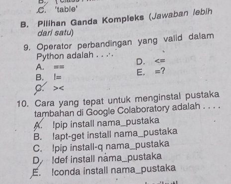 C. 'table'
B. Pilihan Ganda Kompleks (Jawaban lebih
darl satu)
9. Operator perbandingan yang valid dalam
Python adalah . . .·.
D.
A. ==
B. ! = E. =?
C.
10. Cara yang tepat untuk menginstal pustaka
tambahan di Google Colaboratory adalah . . . .
A. !pip install nama_pustaka
B. !apt-get install nama_pustaka
C. !pip install-q nama_pustaka
D !def install nåma_pustaka
E. !conda install nama_pustaka