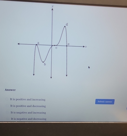 Answer
It is positive and increasing Submit Answer
It is positive and decreasing
It is negative and increasing
It is negative and decreasing