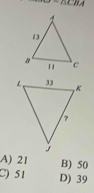 w=△ CBA
A) 21
B) 50
C) 51
D) 39