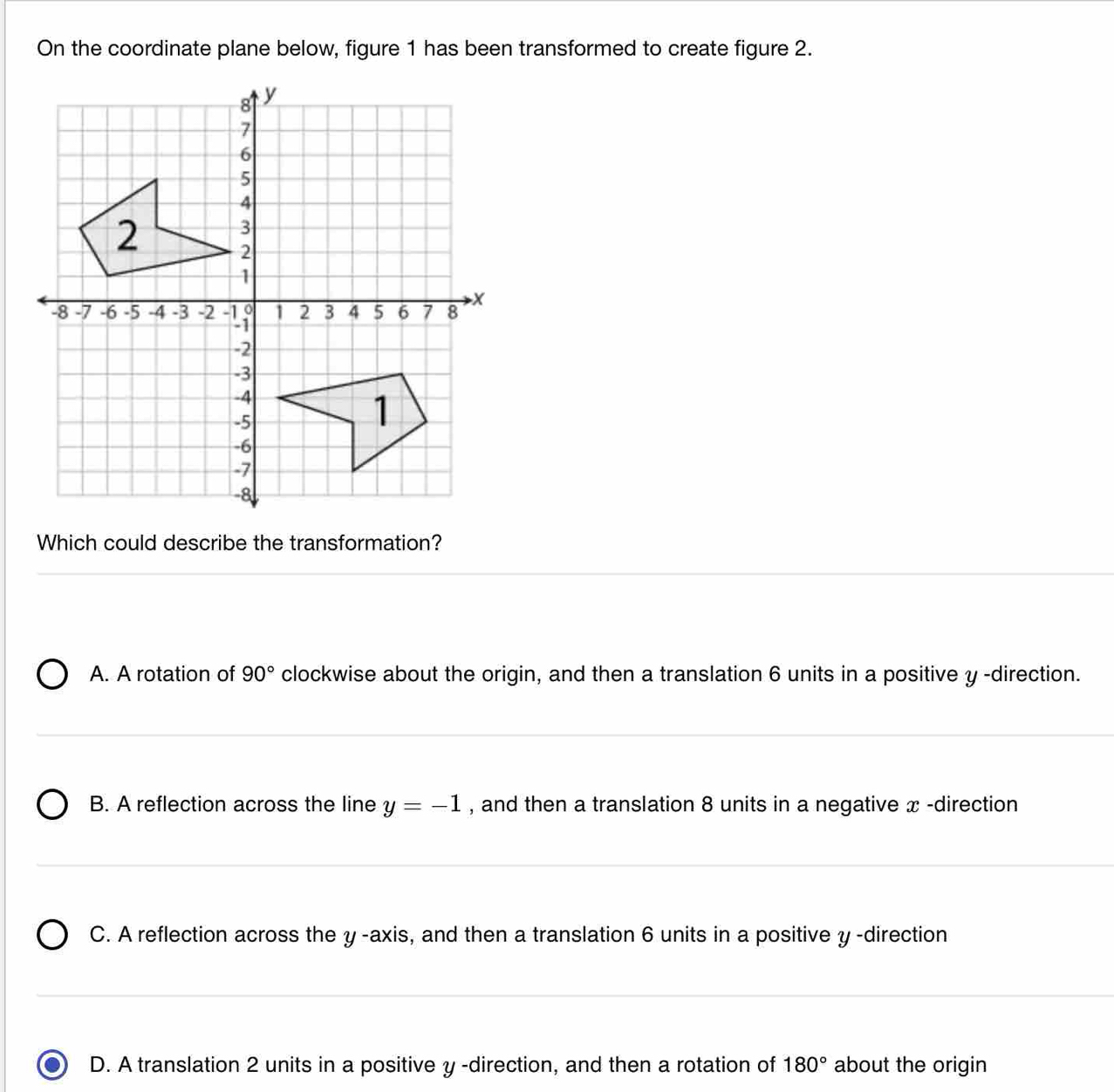 On the coordinate plane below, figure 1 has been transformed to create figure 2.
Which could describe the transformation?
A. A rotation of 90° clockwise about the origin, and then a translation 6 units in a positive y -direction.
B. A reflection across the line y=-1 , and then a translation 8 units in a negative x -direction
C. A reflection across the y-axis, and then a translation 6 units in a positive y -direction
D. A translation 2 units in a positive y -direction, and then a rotation of 180° about the origin