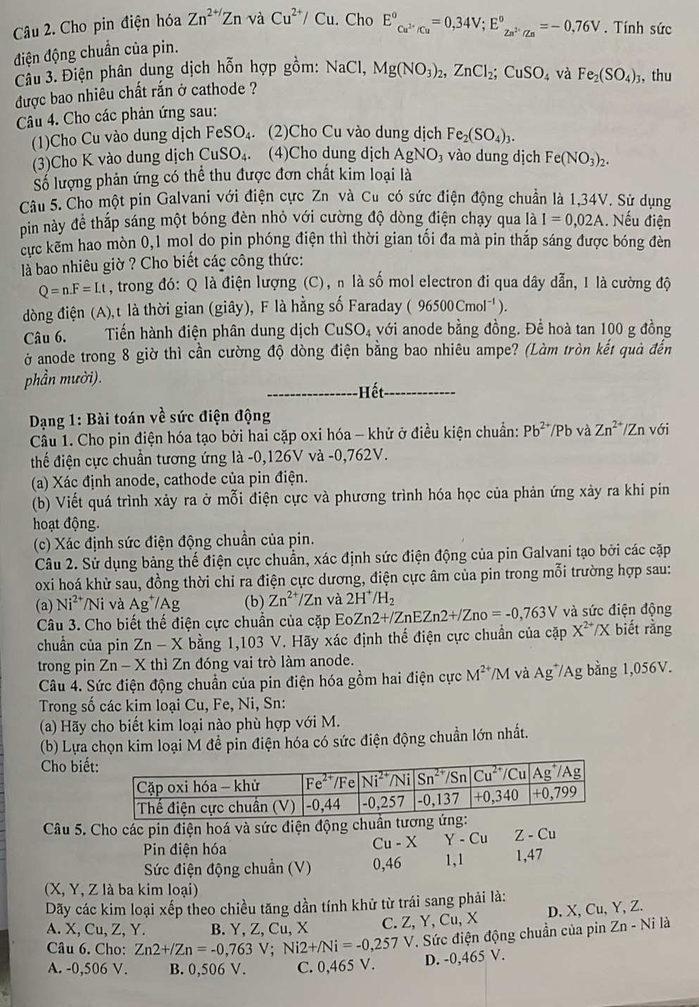 Cho pin điện hóa Zn^(2+/)ZnvaCu^(2+)/Cu. Cho E°_Cu^(2+)/Cu^circ =0,34°_E°_Zn^(2+)/Zn=-0,76V. Tính sức
điện động chuẩn của pin.
Cầu 3. Điện phân dung dịch hỗn hợp gồm: NaCl, Mg(NO_3)_2,ZnCl_2;CuSO_4 và Fe_2(SO_4)_3 ,thu
được bao nhiêu chất rắn ở cathode ?
Câu 4. Cho các phản ứng sau:
(1Ch  u    dung  ịc FS O 4. (2)Cho Cu vào dung dịch Fe_2(SO_4)_3.
(3)Cho K vào dung dịch CuSO_4. (4)Cho dung dịch AgNO_3 vào dung dịch Fe(NO_3)_2.
Số lượng phản ứng có thể thu được đơn chất kim loại là
Câu 5. Cho một pin Galvani với điện cực Zn và Cu có sức điện động chuẩn là 1,34V. Sử dụng
pin này để thắp sáng một bóng đèn nhỏ với cường độ dòng điện chạy qua là I=0,02A. Nếu điện
cực kẽm hao mòn 0,1 mol do pin phóng điện thì thời gian tối đa mà pin thắp sáng được bóng đèn
là bao nhiêu giờ ? Cho biết các công thức:
Q=n.F=I.t , trong đó: Q là điện lượng (C), n là số mol electron đi qua dây dẫn, 1 là cường độ
dòng điện (A),t là thời gian (giây), F là hằng số Faraday (96500Cmol^(-1)).
Câu 6. Tiến hành điện phân dung dịch CuSO_4 với anode bằng đồng. Đề hoà tan 100 g đồng
ở anode trong 8 giờ thì cần cường độ dòng điện bằng bao nhiêu ampe? (Làm tròn kết quả đến
phần mười).
Hết
Dạng 1: Bài toán về sức điện động  với
Cầu 1. Cho pin điện hóa tạo bởi hai cặp oxi hóa - khử ở điều kiện chuẩn: Pb^(2+)/Pb và Zn^(2+)/Zn
thế điện cực chuẩn tương ứng là -0,126V và -0,762V.
(a) Xác định anode, cathode của pin điện.
(b) Viết quá trình xảy ra ở mỗi điện cực và phương trình hóa học của phản ứng xảy ra khi pin
hoạt động.
(c) Xác định sức điện động chuần của pin.
Câu 2. Sử dụng bảng thế điện cực chuẩn, xác định sức điện động của pin Galvani tạo bởi các cặp
oxi hoá khử sau, đồng thời chỉ ra điện cực dương, điện cực âm của pin trong mỗi trường hợp sau:
(a) Ni^(2+) /Ni và Ag^+/Ag (b) Zn^(2+)/Zn và 2H^+/H_2
Câu 3. Cho biết thế điện cực chuẩn của cặp Eo Zn2+/ZnEZn2+/Zno=-0,763V và sức điện động
chuẩn của pin Zn-X bằng 1,103 V. Hãy xác định thế điện cực chuẩn của cặp X^(2+)/X biết rằng
trong pin Zn-X thì Zn đóng vai trò làm anode.
Câu 4. Sức điện động chuẩn của pin điện hóa gồm hai điện cực M^(2+)/M và Ag^+/Ag bằng 1,056V.
Trong số các kim loại Cu, Fe, Ni, Sn:
(a) Hãy cho biết kim loại nào phù hợp với M.
(b) Lựa chọn kim loại M để pỉn điện hóa có sức điện động chuẩn lớn nhất.
Cho biết
Câu 5. Cho các pin điện hoá và sức điện động chuân tươn
Pin điện hóa Y - Cu Z-Cu
Cu-X
Sức điện động chuẩn (V) 0,46 1,1 1,47
(X, Y, Z là ba kim loại)
Dãy các kim loại xếp theo chiều tăng dần tính khử từ trái sang phải là:
A. X,Cu,Z, Y. B. Y, Z, Cu, X C. Z ,Y,Cu,X D. X, Cu, Y, Z.
Câu 6. Cho: Zn2+/Zn=-0,763 V; Ni2+/Ni=-0,257 1 T. Sức điện động chuẩn của pin Zn - Ni là
A. -0,506 V. B. 0,506 V. C. 0,465 V. D. -0,465 V.