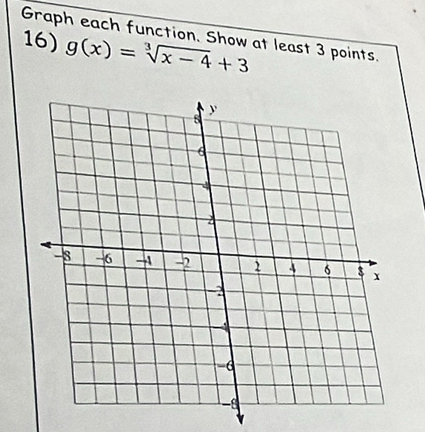 Graph each function. Show at least 3 points. 
16) g(x)=sqrt[3](x-4)+3