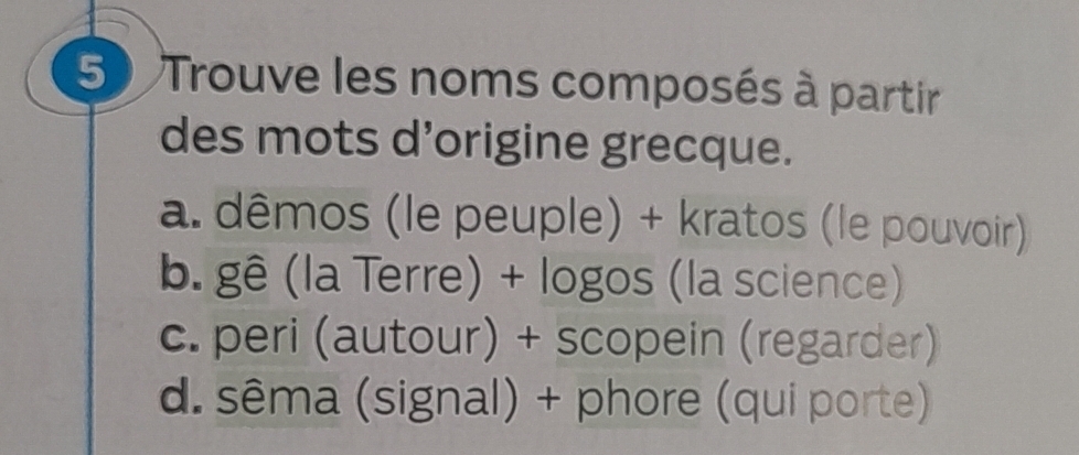 Solved: Trouve les noms composés à partir des mots d'origine grecque. a ...