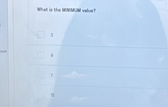 What is the MINIMUM value?
3
book
9
7
12