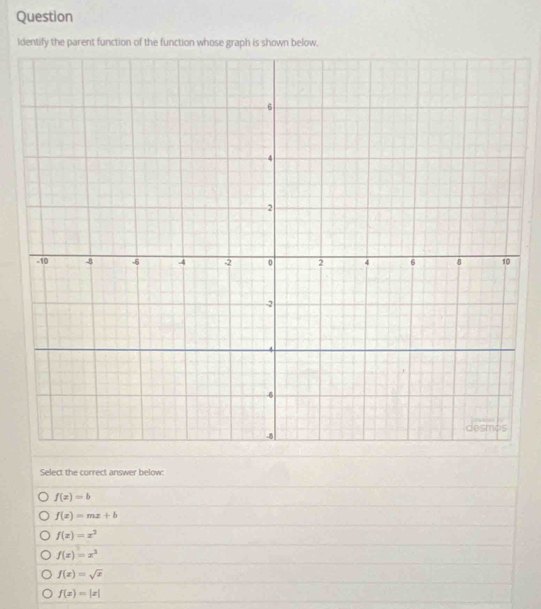 Question
Identify the parent function of the function whose graph is shown below.
Select the correct answer below
f(x)=b
f(x)=mx+b
f(x)=x^2
f(x)=x^3
f(x)=sqrt(x)
f(x)=|x|