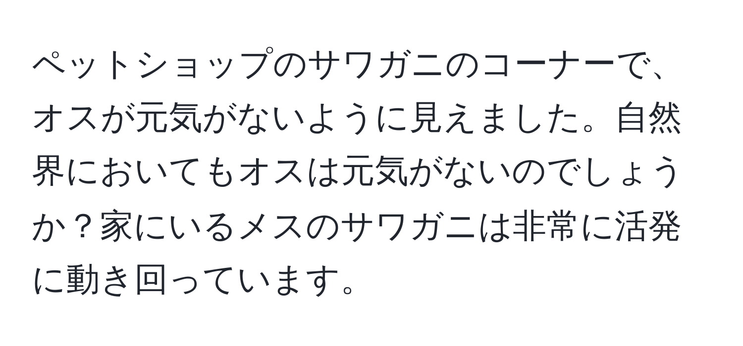 ペットショップのサワガニのコーナーで、オスが元気がないように見えました。自然界においてもオスは元気がないのでしょうか？家にいるメスのサワガニは非常に活発に動き回っています。