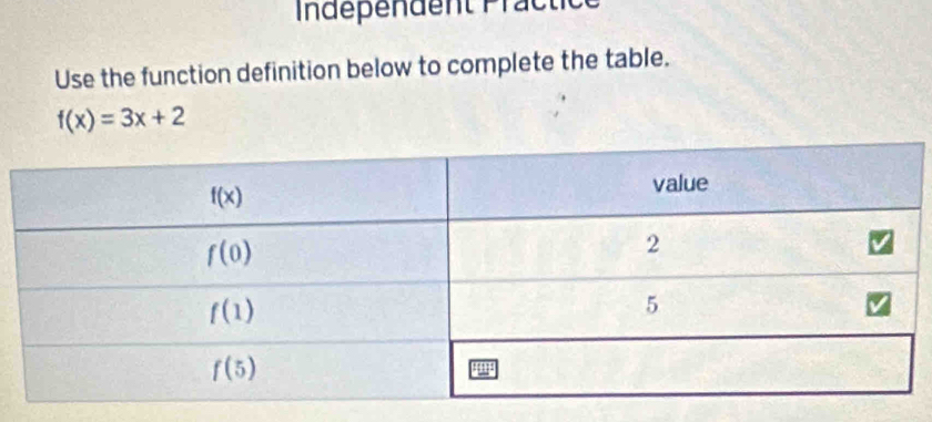 Independent Práctice
Use the function definition below to complete the table.
f(x)=3x+2