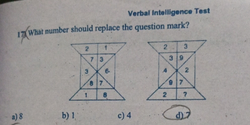 Solved: Verbal Intelligence Test 17 What number should replace the ...