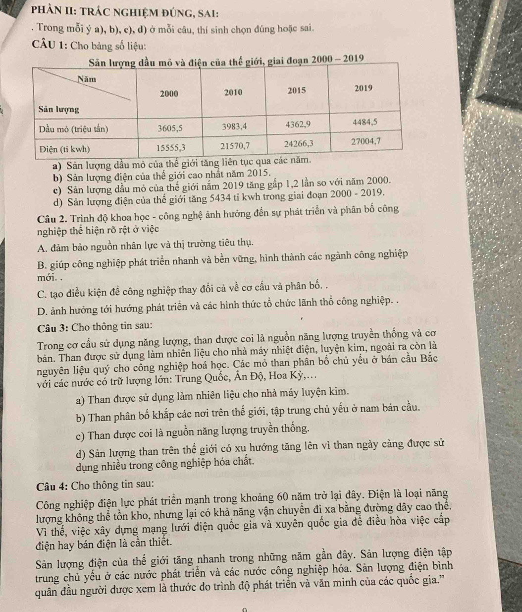 phÀN II: trÁC nghiệM đÚnG, SAi:
. Trong mỗi ý a), b), c), d) ở mỗi câu, thí sinh chọn dúng hoặc sai.
CÂU 1: Cho bảng số liệu:
2000 - 2019
a) Sản lượng dầu mỏ của thế giới tăn
b) Sản lượng điện của thế giới cao nhất năm 2015.
c) Sản lượng dầu mỏ của thế giới nắm 2019 tăng gấp 1,2 lần so với năm 2000.
d) Sản lượng điện của thế giới tăng 5434 ti kwh trong giai đoạn 2000 - 2019.
Câu 2. Trình độ khoa học - công nghệ ảnh hưởng đến sự phát triển và phân bố công
nghiệp thể hiện rõ rệt ở việc
A. đảm bảo nguồn nhân lực và thị trường tiêu thụ.
B. giúp công nghiệp phát triển nhanh và bền vững, hình thành các ngành công nghiệp
mới. .
C. tạo điều kiện để công nghiệp thay đổi cả về cơ cấu và phân bố. .
D. ảnh hưởng tới hướng phát triển và các hình thức tổ chức lãnh thổ công nghiệp. .
Câu 3: Cho thông tin sau:
Trong cơ cấu sử dụng năng lượng, than được coi là nguồn năng lượng truyền thống và cơ
bản. Than được sử dụng làm nhiên liệu cho nhà máy nhiệt điện, luyện kim, ngoài ra còn là
nguyên liệu quý cho công nghiệp hoá học. Các mỏ than phân bố chủ yếu ở bán cầu Bắc
với các nước có trữ lượng lớn: Trung Quốc, Ấn Độ, Hoa Kỳ,...
a) Than được sử dụng làm nhiên liệu cho nhà máy luyện kim.
b) Than phân bố khắp các nơi trên thế giới, tập trung chủ yếu ở nam bán cầu.
c) Than được coi là nguồn năng lượng truyền thống.
d) Sản lượng than trên thế giới có xu hướng tăng lên vì than ngày càng được sử
dụng nhiều trong công nghiệp hóa chất.
Câu 4: Cho thông tin sau:
Công nghiệp điện lực phát triển mạnh trong khoảng 60 năm trở lại đây. Điện là loại năng
lượng không thể tồn kho, nhưng lại có khả năng vận chuyển đi xa bằng đường dây cao thể.
Vì thế, việc xây dựng mạng lưới điện quốc gia và xuyên quốc gia đề điều hòa việc cấp
điện hay bán điện là cần thiết.
Sản lượng điện của thế giới tăng nhanh trong những năm gần đây. Sản lượng điện tập
trung chủ yếu ở các nước phát triển và các nước công nghiệp hóa. Sản lượng điện bình
quân đầu người được xem là thước đo trình độ phát triển và văn minh của các quốc gia.”