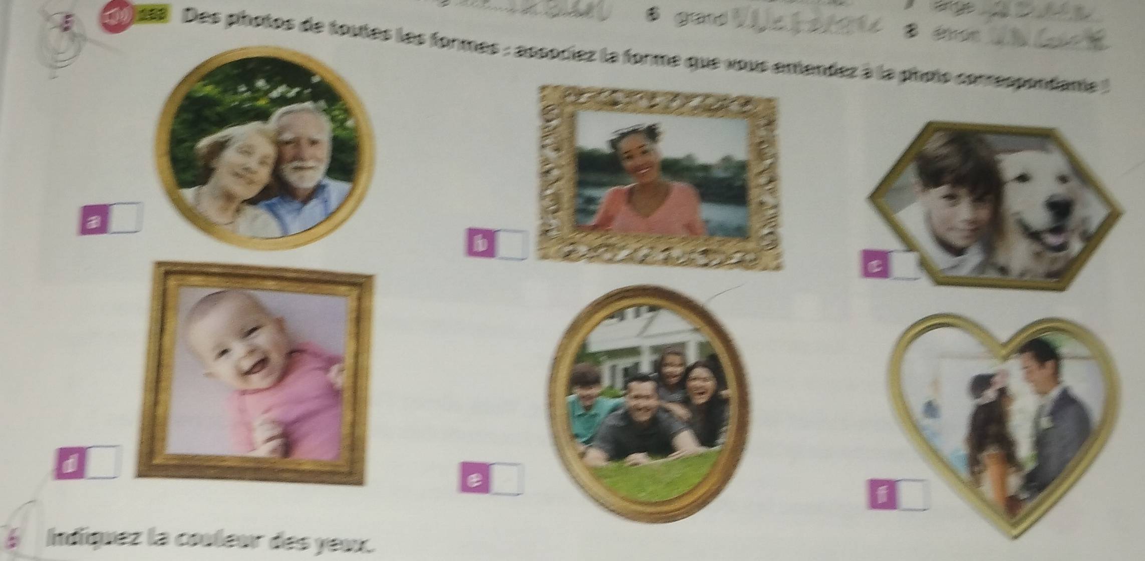 ess . Des photos de toutes les formes : associez la forme que vous ementez à la phots correspontane l 
b 

Indíquez la couleur des yeux.