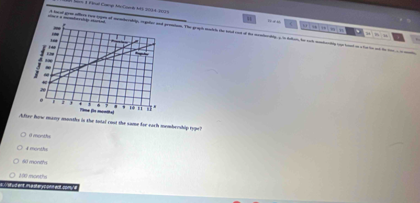 Sem 1 Final Comp McComb MS 2024-2025
since a membership st
2 o 65 < <tex>17 18
19 20 z1 、
A focal gym offers two types of membershemium. The graph models the total cast of the nembership, p, in dollars, for each nombership type boed oo a fat ls and the tine, e is momi
75 24
r
After how many months is the total cost the same for each membership type?
0 months
4 months
60 months
100 months
s://stud ent. m asteryc onn ect. com/#