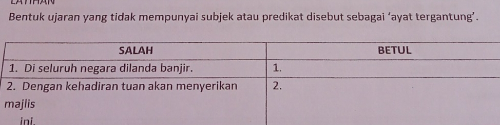 LATHAN 
Bentuk ujaran yang tidak mempunyai subjek atau predikat disebut sebagai ‘ayat tergantung’.