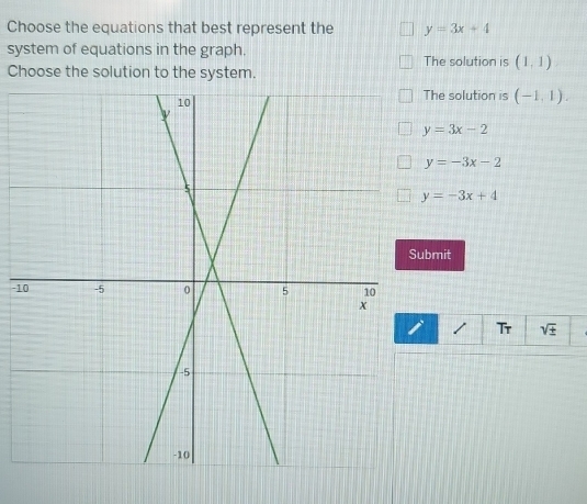 Choose the equations that best represent the y=3x+4
system of equations in the graph.
The solution is (1,1)
Choose the solution to the system.
The solution is (-1,1).
y=3x-2
y=-3x-2
y=-3x+4
bmit
-1
/ Tr sqrt(± )