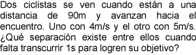 Dos ciclistas se ven cuando están a una 
distancia de 90m y avanzan hacia el 
encuentro. Uno con 4m/s y el otro con 5m/s. 
¿Qué separación existe entre ellos cuando 
falta transcurrir 1s para logren su objetivo?