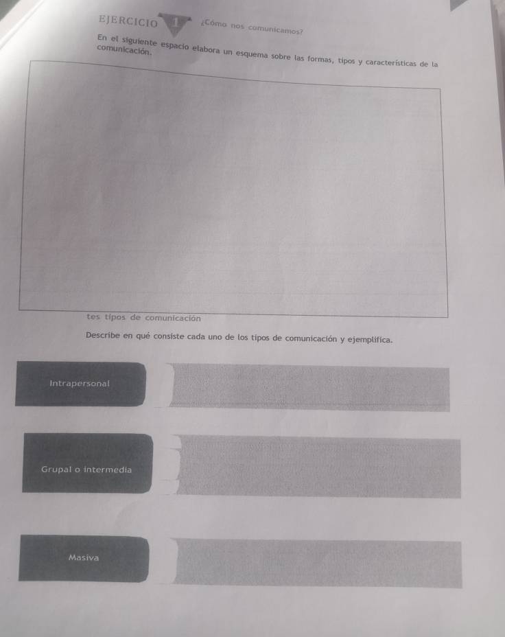 ¿Cómo nos comunicamos?
comunicación.
En el siguiente espacio elabora un esquema sobre las formas, tipos y características de la
tes tipos de comunicación
Describe en qué consiste cada uno de los tipos de comunicación y ejemplifica.
Intrapersonal
Grupal o intermedia
Masiva