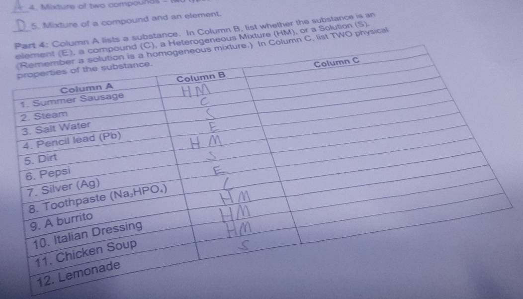 Mixture of two compounds - M 
_ 
5. Mixture of a compound and an element. 
_n A lists a substance. In Column B, list whether the substance is an 
rogeneous Mixture (HM), or a Solution S 
umn C, list TWO physical