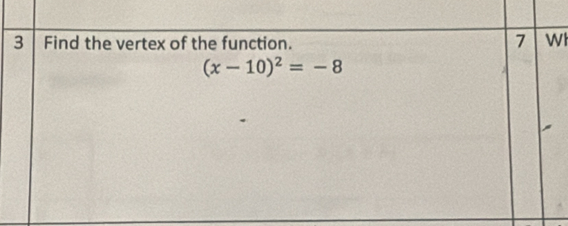 Find the vertex of the function. 
7 WI
(x-10)^2=-8