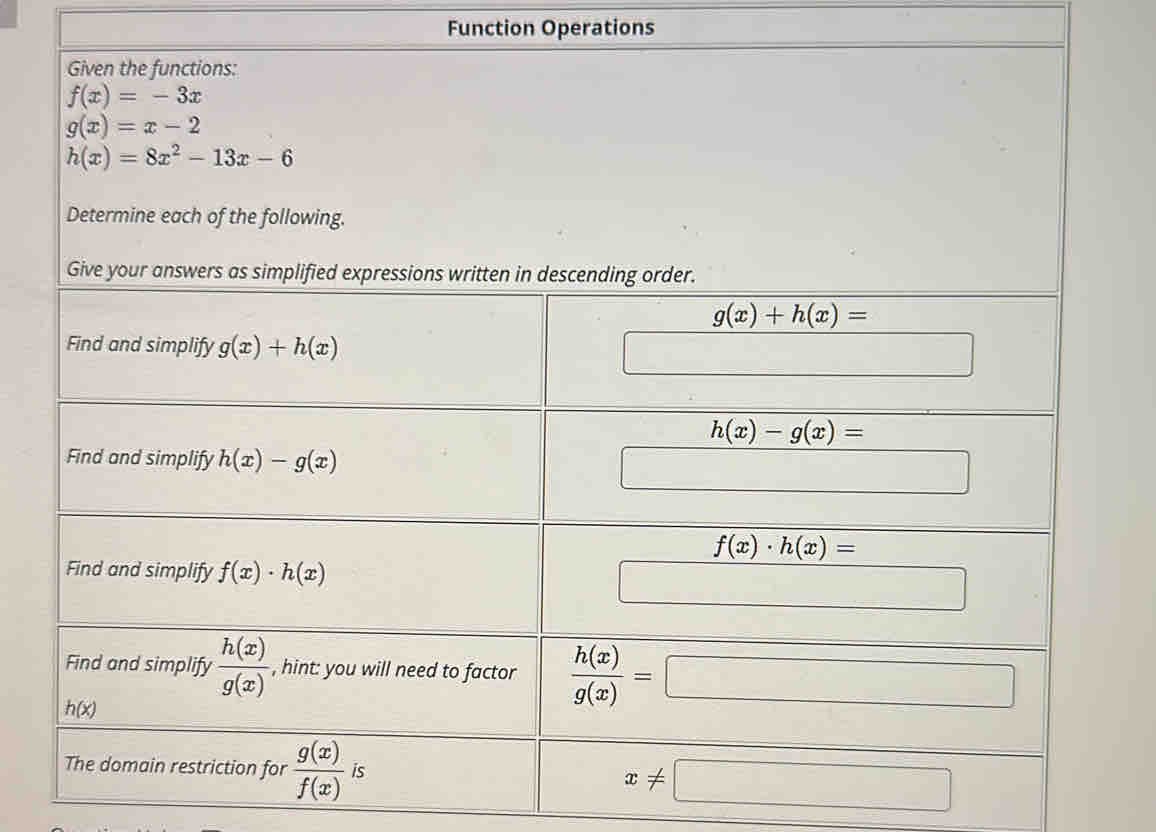 Function Operations
Given the functions:
f(x)=-3x
g(x)=x-2
h(x)=8x^2-13x-6
Determine each of the following.