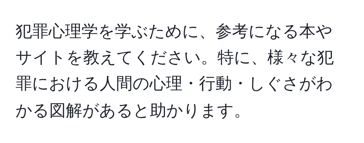 犯罪心理学を学ぶために、参考になる本やサイトを教えてください。特に、様々な犯罪における人間の心理・行動・しぐさがわかる図解があると助かります。