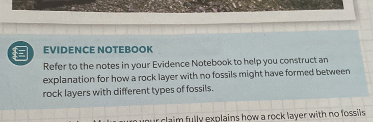 EVIDENCE NOTEBOOK 
Refer to the notes in your Evidence Notebook to help you construct an 
explanation for how a rock layer with no fossils might have formed between 
rock layers with different types of fossils. 
ur claim fully explains how a rock layer with no fossils .