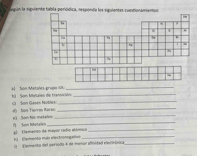 según la siguiente tabla periódica, responda los siguientes cuestionamientos: 
He 
Be 
N F 
Na 
Si s Ar 
Ca 
Fe 
Ge Dr 
Sr 
Ag 
1 Xe 
Cs 
Po 
Fr 
Os 
a) Son Metales grupo IIA:_ 
b) Son Metales de transición:_ 
c) Son Gases Nobles: 
_ 
d) Son Tierras Raras: 
_ 
e) Son No metales: 
_ 
f) Son Metales 
_ 
_ 
g) Elemento de mayor radio atómico_ 
h) Elemento más electronegativo 
i) Elemento del periodo 4 de menor afinidad electrónica_