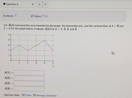 <
Textbook Videos θ [+] 
Let  A(x) represent the area bounded by the graph, the horizontal axis, and the vertical lines at t=0 and
t=x for the graph bellow. Evaluate A(x) for x=1,2,3 , and 4.
A(1)=□
A(2)=□
A(3)=□
A(4)=□
Question Help: Video l Message instructor