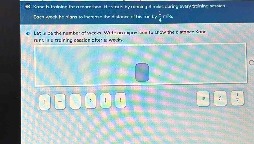 Solved: Kane is training for a marathon. He starts by running 3 miles ...