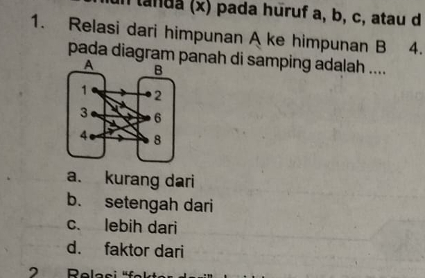 landa (x) pada hūruf a, b, c, atau d
1. Relasi dari himpunan A ke himpunan B 4.
pada diagram panah di samping adalah ....
a. kurang dari
b. setengah dari
c. lebih dari
d. faktor dari
Rel