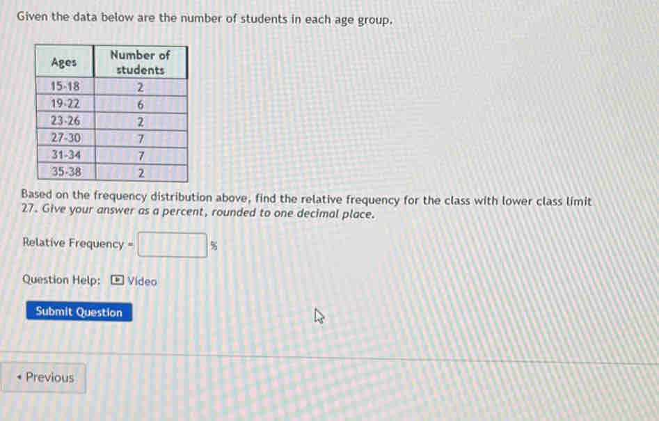 Given the data below are the number of students in each age group. 
Based on the frequency distribution above, find the relative frequency for the class with lower class limit 
27. Give your answer as a percent, rounded to one decimal place. 
Relative Frequency =□ %
Question Help: Vídeo 
Submit Question 
Previous