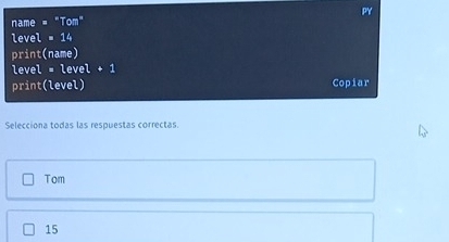 name = "Tom"
level = 14
print(name)
level = level + 1
print(level) Copiar
Selecciona todas las respuestas correctas.
Tom
15