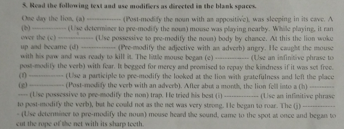 Read the following text and use modifiers as directed in the blank spaces. 
One day the lion, (a) _ (Post-modify the noun with an appositive), was sleeping in its cave. A 
(b) -------------- (Use determiner to pre-modify the noun) mouse was playing nearby. While playing, it ran 
over the (c) -------------- ( (Use possessive to pre-modify the noun) body by chance. At this the lion woke 
up and became (d) --------- (Pre-modify the adjective with an adverb) angry. He caught the mouse 
with his paw and was ready to kill it. The little mouse began (e) _(Use an infinitive phrase to 
post-modify the verb) with fear. It begged for mercy and promised to repay the kindness if it was set free. 
(1) _---------- (Use a participle to pre-modify the looked at the lion with gratefulness and left the place 
(g) -------------- (Post-modify the verb with an adverb). After abut a month, the lion fell into a (h)_ 
---- (Use possessive to pre-modify the non) trap. He tried his best (i) _(Use an infinitive phrase 
to post-modify the verb), but he could not as the net was very strong. He began to roar. The (j)_ 
- (Use determiner to pre-modify the noun) mouse heard the sound, came to the spot at once and began to 
cut the rope of the net with its sharp teeth.