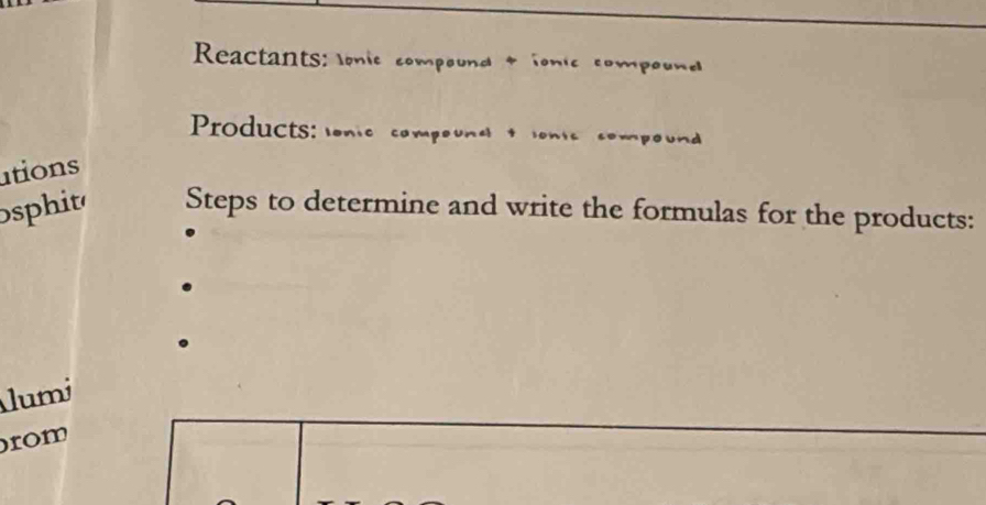 Reactants: onie compound & ionic compound 
Products: ionic compounal + ionic compound 
ations 
sphit Steps to determine and write the formulas for the products: 
lumi 
rom