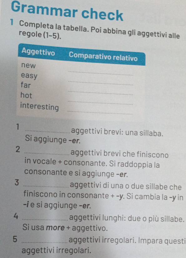 Grammar check 
1 Completa la tabella. Poi abbina gli aggettivi alle 
regole (1-5). 
1 
_aggettivi brevi: una sillaba. 
Si aggiunge -er. 
_2 
aggettivi brevi che finiscono 
in vocale + consonante. Si raddoppia la 
consonante e si aggiunge -er. 
_3 
aggettivi di una o due sillabe che 
finiscono in consonante + -y. Si cambia la -y in 
-i e si aggiunge -er. 
4 _aggettivi lunghi: due o più sillabe. 
Si usa more + aggettivo. 
5 _aggettivi irregolari. Impara questi 
aggettivi irregolari.