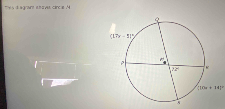 This diagram shows circle M.
(10x+14)^circ 