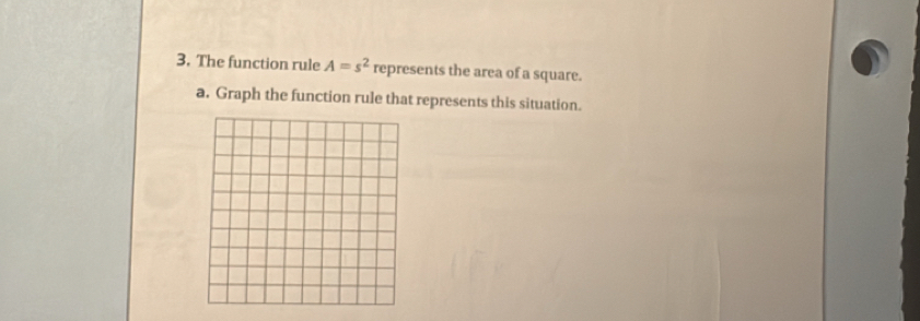 The function rule A=s^2 represents the area of a square. 
a. Graph the function rule that represents this situation.