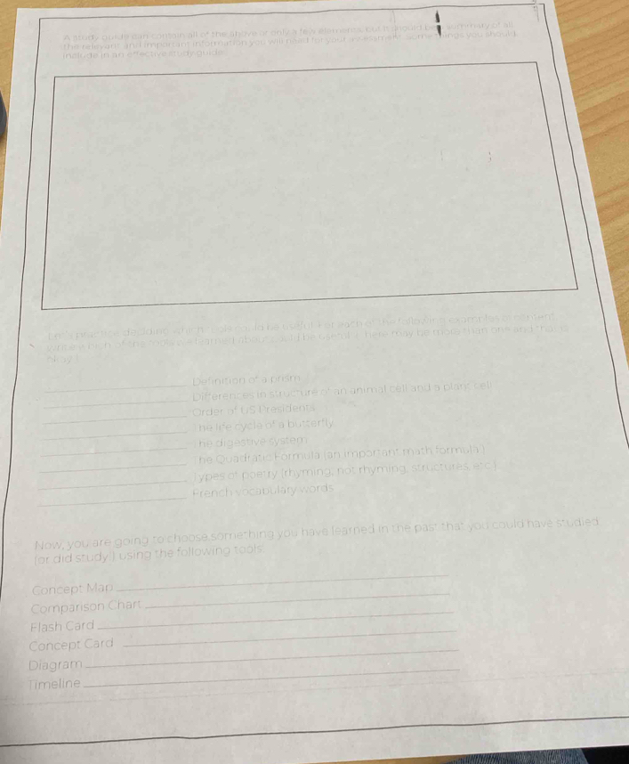 A stody quide can contain all of the shove or only a few elemeres, bu 
the releyart and important information you will need for your in 
inslude in an effective study guide 
_ 

_ 
_ 
_ 
he digestlv s 
_he Quadratic Formula (an important math formula ) 
_ 
_lypes of poetry (rhyming, not rhyming, structures, etc.) 
_ 
Prench vocabulary words 
Now, you are going to choose something you have learned in the past that you could have studied 
(or did study!) using the following tools. 
Concept Map_ 
_ 
Comparison Chart 
Flash Card_ 
Concept Card 
Diagram_ 
Timeline