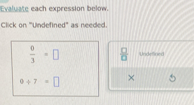 Evaluate each expression below. 
Click on "Undefined" as needed.
 □ /□  
 0/3 =□ Undefined
0/ 7=□
×