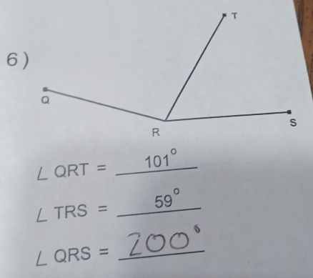 1°
∠ QRT= _
∠ TRS= ^circ  _
∠ QRS= _