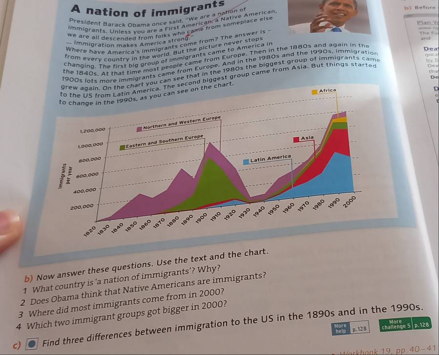 A nation of immigrants 
President Barack Obama once said, "We are a nation of b) Before 
immigrants. Unless you are a First American, a Native American 
Pl n Y 
we are all descended from folks who came from someplace else 
Immigration makes America strong." 
Where have America's immigrants come from? The answer is - 
00 ( The Fu 
from every country in the world. But the picture never stops 
and 
changing. The first big group of immigrants came to America in 
the 1840s. At that time most people came from Europe. Then in the 1880s and again in the 
Dea 
Dea 
1900s lots more immigrants came from Europe. And in the 1980s and the 1990s, immigration goca 
tha 
can see that in the 1980s the biggest group of immigrants came by B 
De 
d biggest group came from Asia. But things started 
D 
b) Now answer these questions. Use the text and the chart. 
1 What country is ‘a nation of immigrants’? Why? 
2 Does Obama think that Native Americans are immigrants? 
3 Where did most immigrants come from in 2000? 
4 Which two immigrant groups got bigger in 2000? 
c) Find three differences between immigration to the US in the 1890s and in the 1990s. 
More challenge 5 More 
help p. 128 p. 128
orkhook 19.pp 40-41