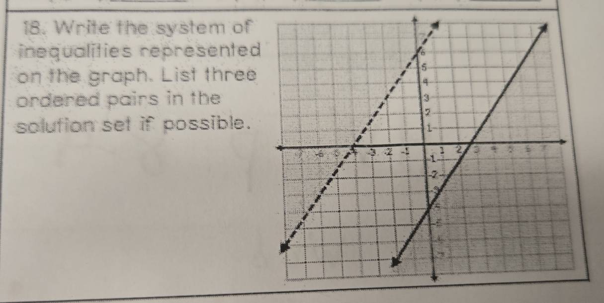 Write the system of 
inequalities represented 
on the graph. List three 
ordered pairs in the 
solution set if possible.