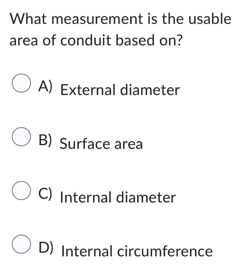 Solved: What measurement is the usable area of conduit based on? A ...