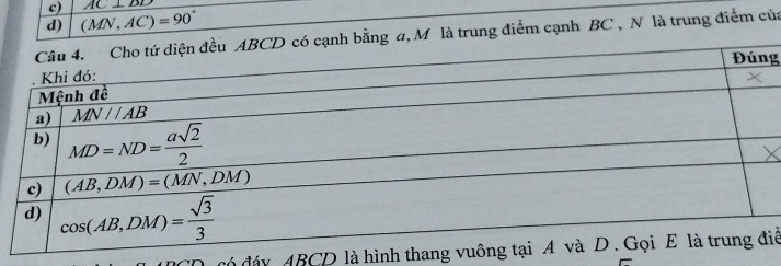 AC⊥ BD
d) (MN,AC)=90°
diện đều ABCD có cạnh bằng a, M là trung điểm cạnh BC , N là trung điểm của
g
có đáy ABCD là hình thaniể