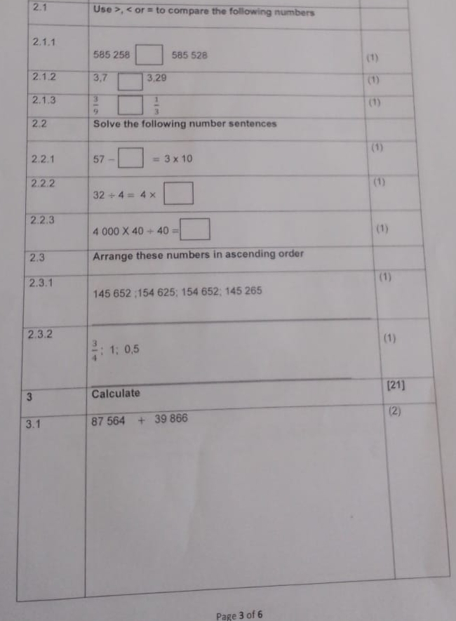 2.1 Use , compare the following numbers
2
2
2
3
3
Page 3 of 6