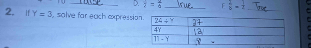 overline 2=frac 6 _
F.  2/8 = 1/4  _
2. if Y=3 , solve for each expressio