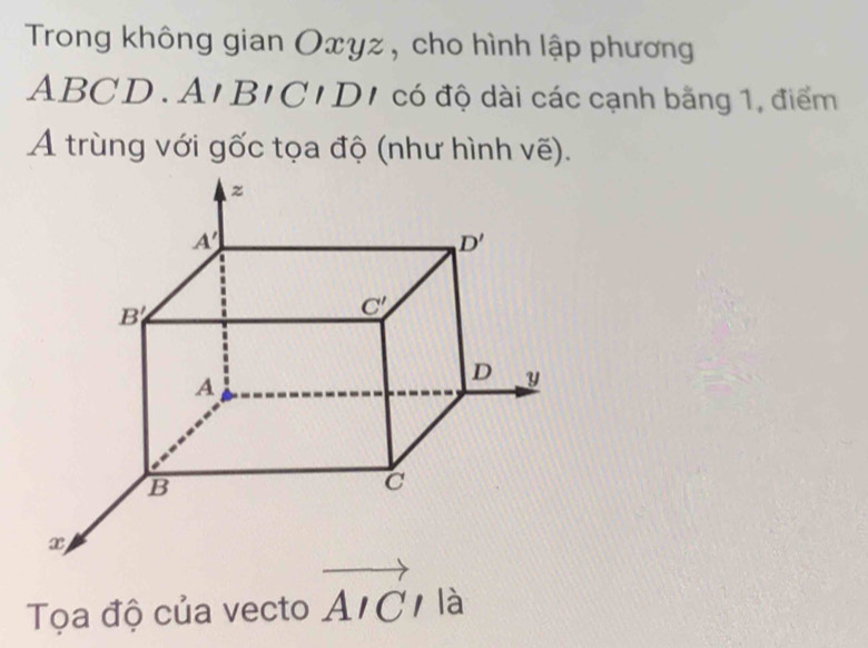 Trong không gian Oxyz, cho hình lập phương
ABCD. A'A|C|D| có độ dài các cạnh bằng 1, điểm
A trùng với gốc tọa độ (như hình vẽ).
Tọa độ của vecto vector AIC/|a