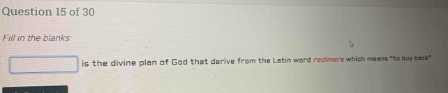 Fill in the blanks 
is the divine plan of God that derive from the Latin word redimere which means “to buy back”