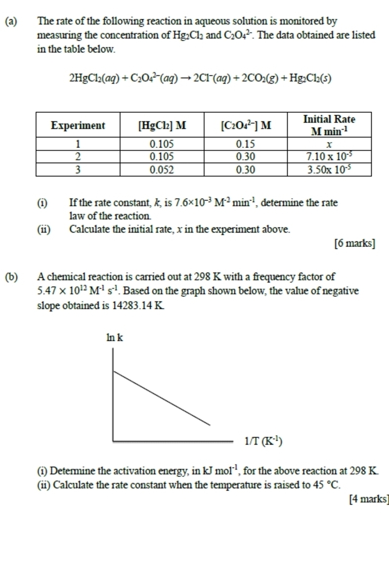 The rate of the following reaction in aqueous solution is monitored by
measuring the concentration of Hg_2Cl_2 and C_2O_4^((2-). The data obtained are listed
in the table below.
2HgCl_2)(aq)+C_2O_4^((2-)(aq)to 2Cl^-)(aq)+2CO_2(g)+Hg_2Cl_2(s)
(i) If the rate constant, k, is 7.6* 10^(-3)M^(-2)min^(-1) , determine the rate
law of the reaction.
(ii) Calculate the initial rate, x in the experiment above.
[6 marks]
(b) A chemical reaction is carried out at 298 K with a frequency factor of
5.47* 10^(12)M^(-1)s^(-1). Based on the graph shown below, the value of negative
slope obtained is 14283.14 K.
(i) Determine the activation energy, in kJmol^(-1) , for the above reaction at 298 K.
(ii) Calculate the rate constant when the temperature is raised to 45°C.
[4 marks]